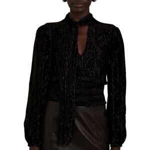 INTERMIX Krissia Tie-Neck Smocked Blouse in Black and Gold, Size 10